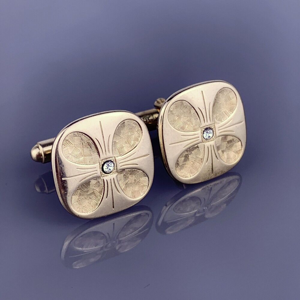 Clover White Rhinestone Cufflinks Gold Tone Etched Drops Square Vintage